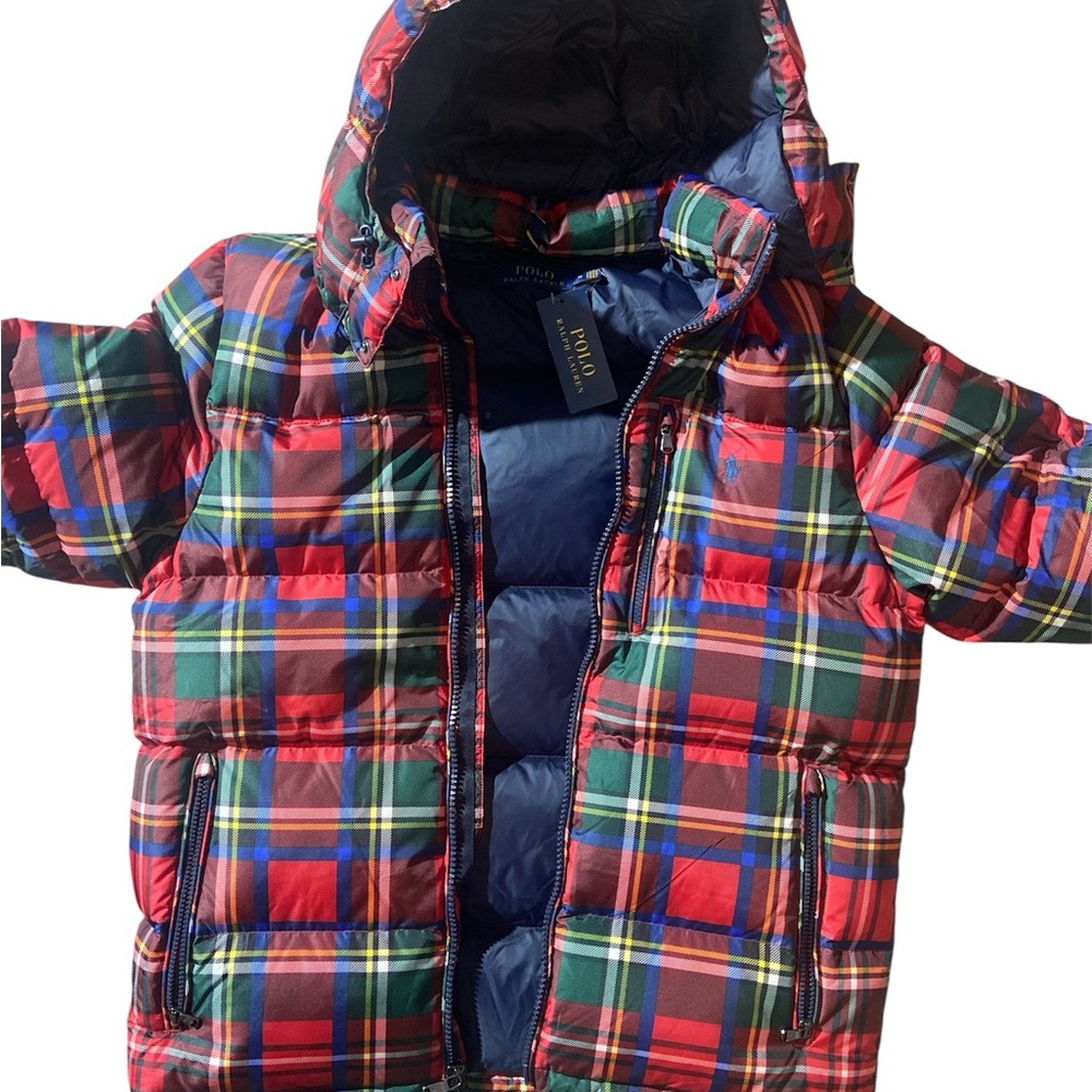RALPH LAUREN POLO MEN MULTI COLOR PLAID PUFFER JACKET SIZE M DETACHABLE HOOD